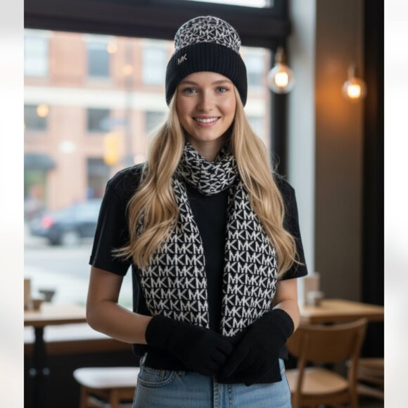 NWT NIB $148 Michael Kors Black and White Hat, Scarf, and Gloves Set - Picture 1 of 6